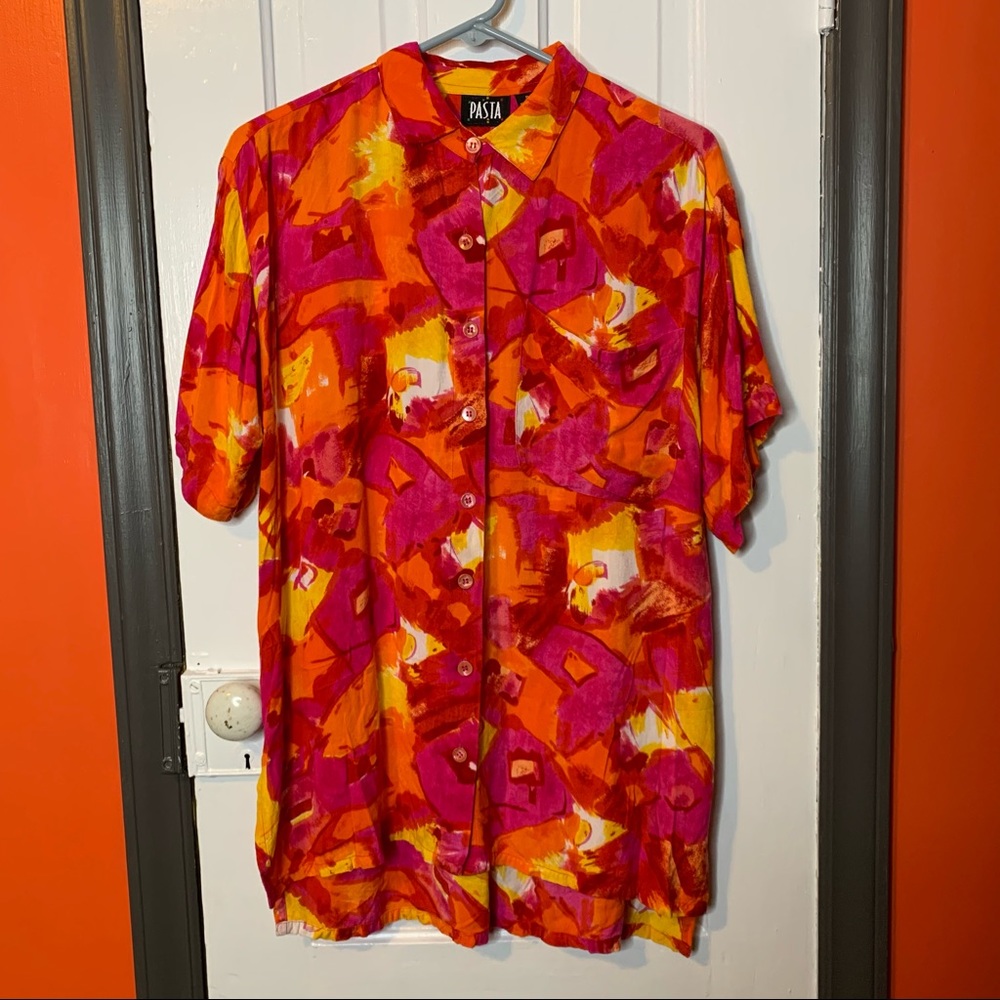 Vintage Pasta 1980s Oversized Abstract Bright Colorful Button Down Blouse